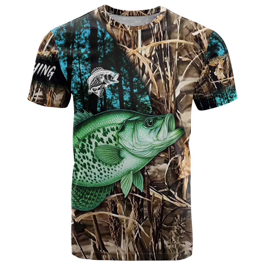 Crappie Fishing Customize Name T-Shirt Forest and Camo Background in Outdoor Fishing Graphic Tee
