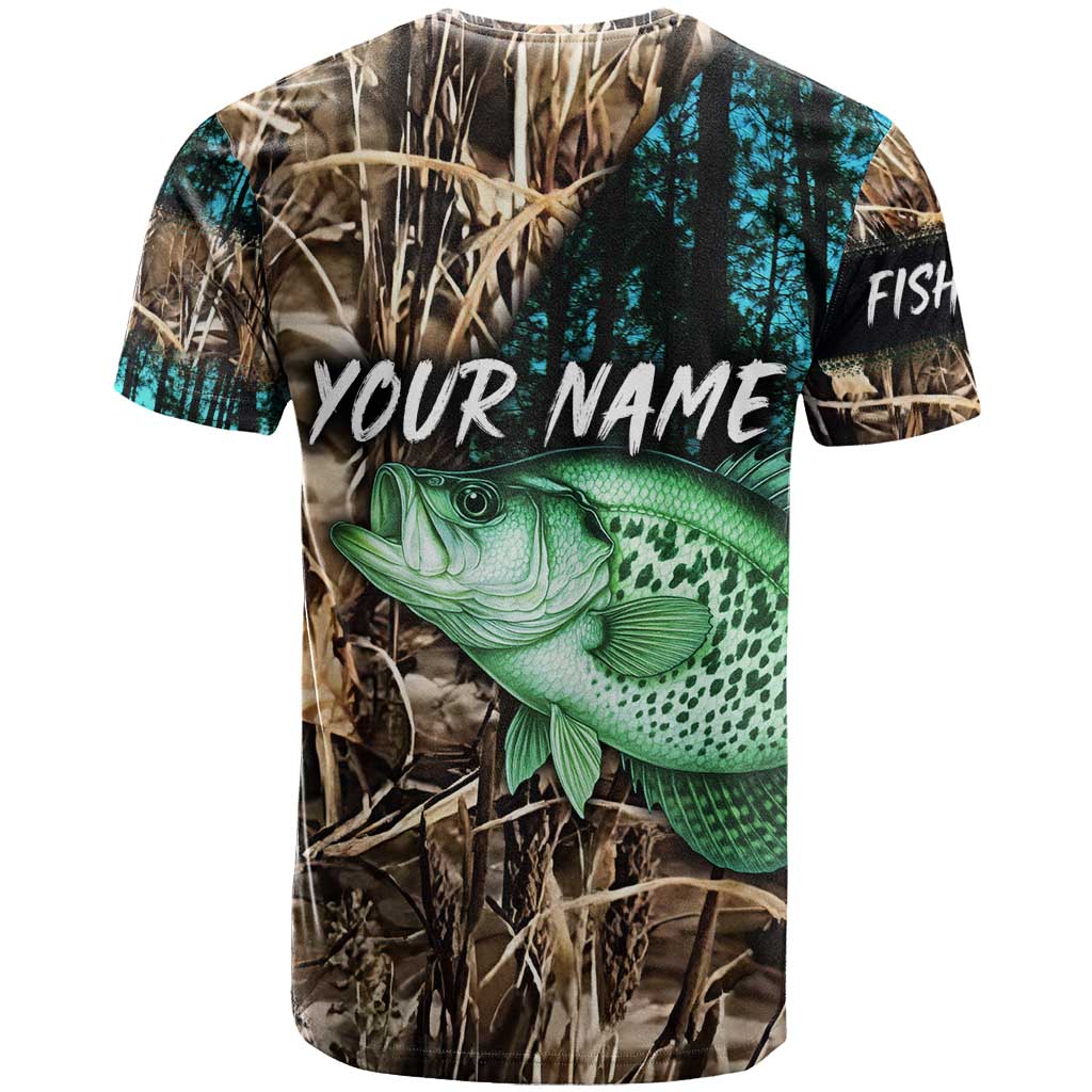 Crappie Fishing Customize Name T-Shirt Forest and Camo Background in Outdoor Fishing Graphic Tee