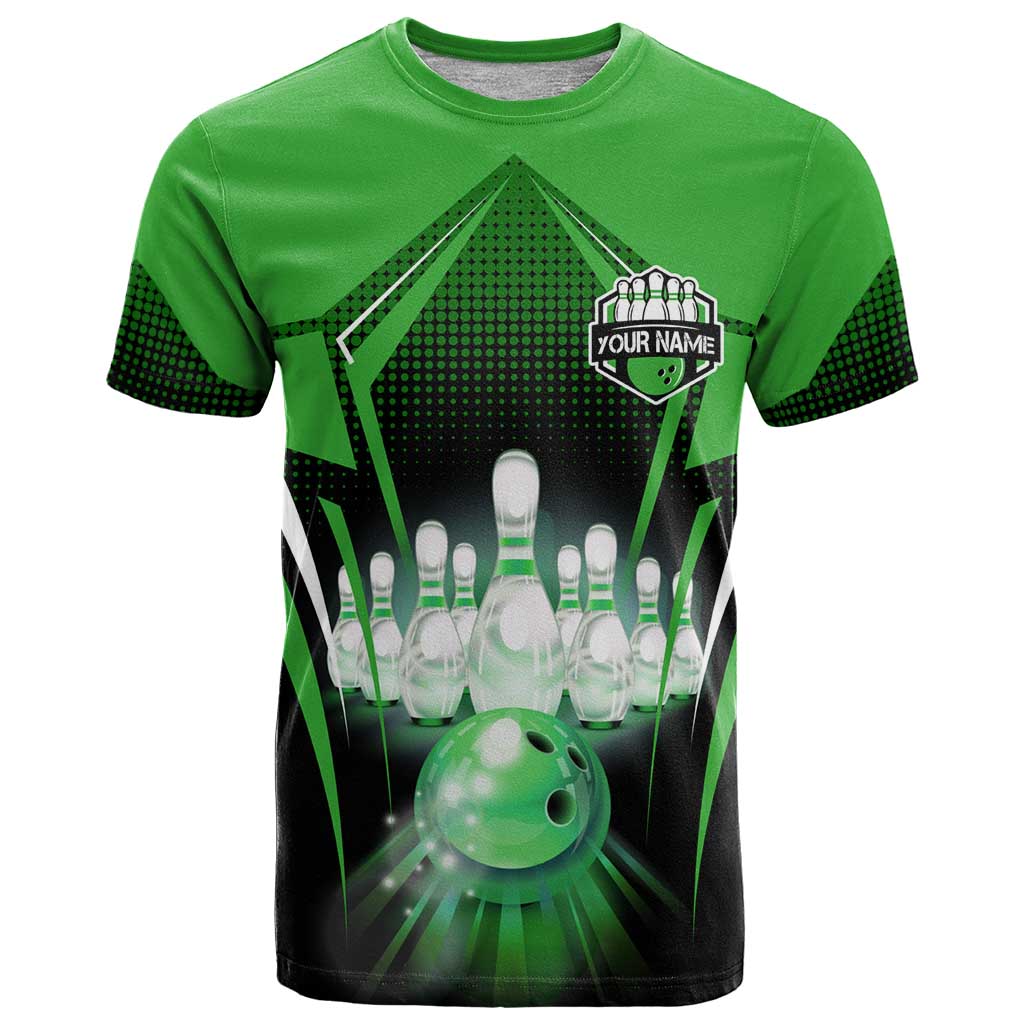 Bowling Team Design T-Shirt Green Strike Graphic and Custom Name Shield Accent Graphic Tee
