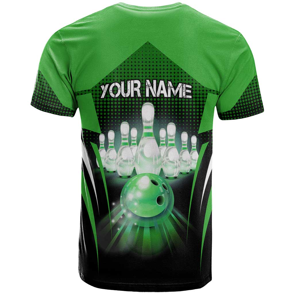 Bowling Team Design T-Shirt Green Strike Graphic and Custom Name Shield Accent Graphic Tee