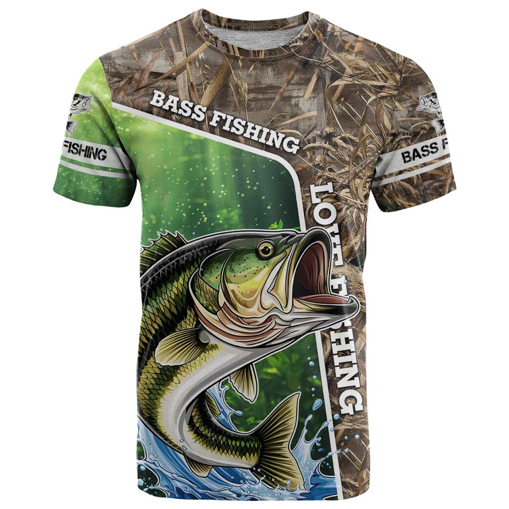 Personalized Bass Fishing Design T-Shirt Leaping Fish Graphic and Camouflage Green Water Splash Print Graphic Tee