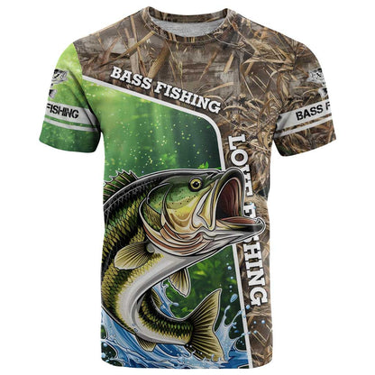 Personalized Bass Fishing Design T-Shirt Leaping Fish Graphic and Camouflage Green Water Splash Print Graphic Tee