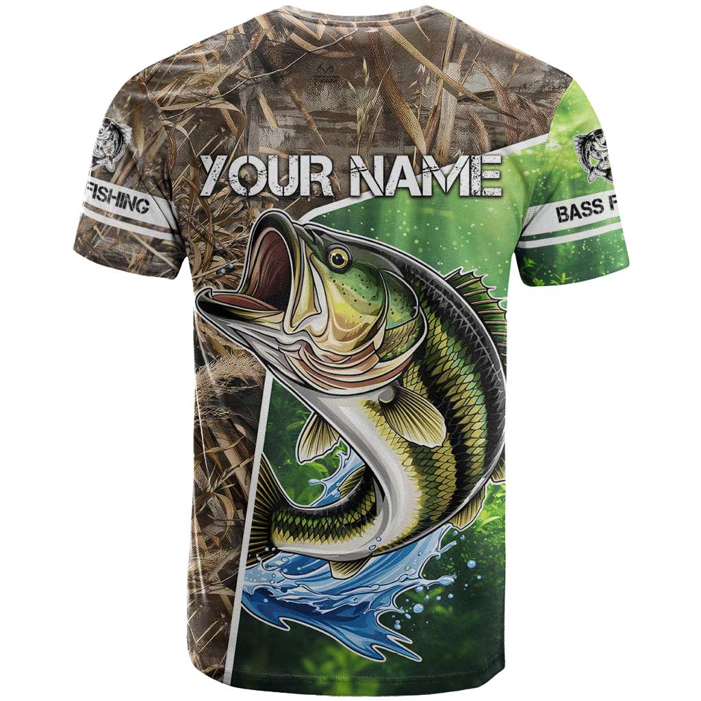 Personalized Bass Fishing Design T-Shirt Leaping Fish Graphic and Camouflage Green Water Splash Print Graphic Tee