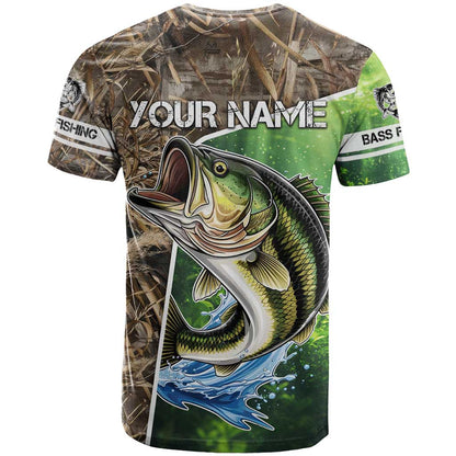 Personalized Bass Fishing Design T-Shirt Leaping Fish Graphic and Camouflage Green Water Splash Print Graphic Tee