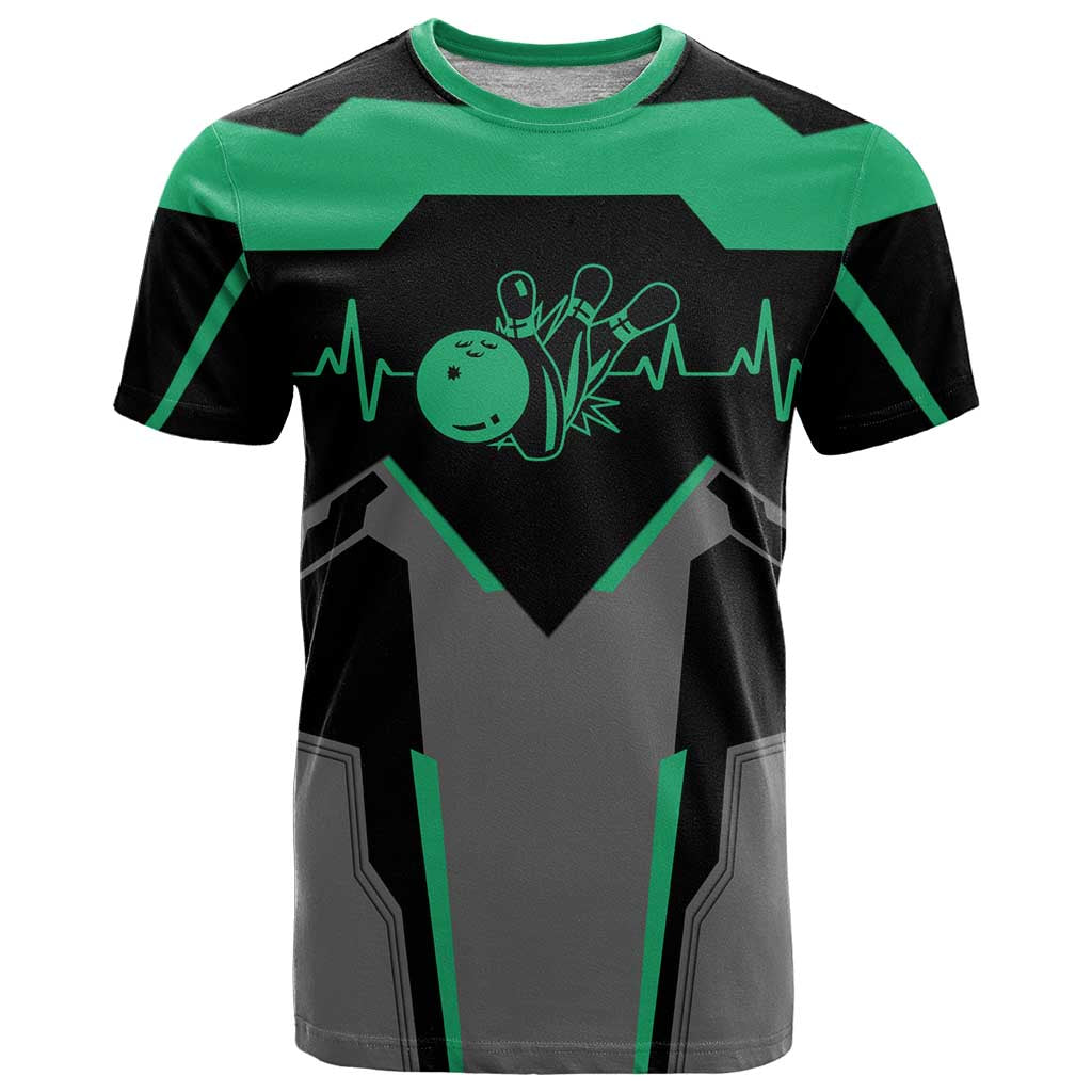 Personalized Bowling Heartbeat Team T-Shirt For Bowlers Green and Gray Graphic Tee