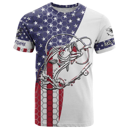 American Flag Bass Fishing T-Shirt Fishing Rod and Patriotic Red White and Blue Theme Graphic Tee