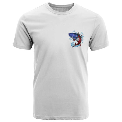 American Flag Tuna Fish T-Shirt Custom Splashing Water on White and Black Contrast Graphic Tee