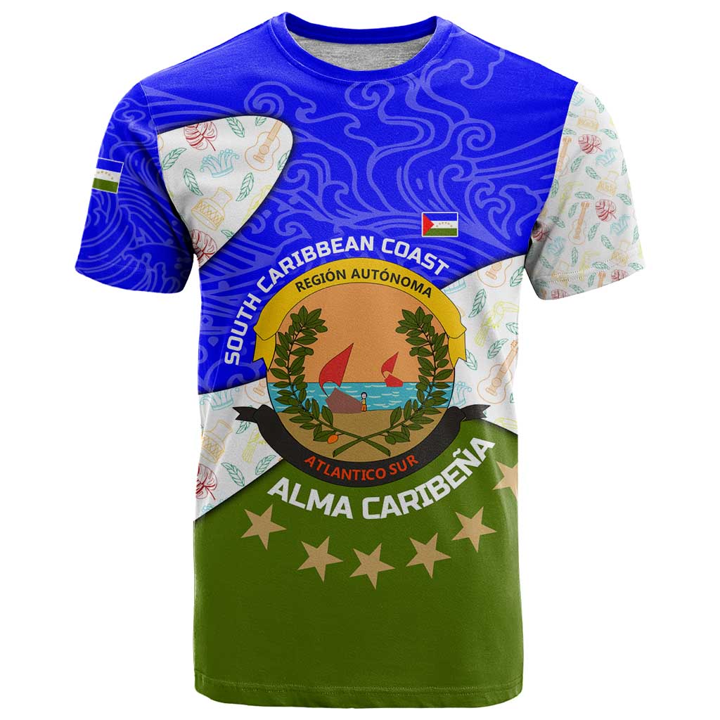 Nicaragua South Caribbean Coast T-Shirt with Regional Seal and Ocean Shell Pattern Alma Caribeña Design Graphic Tee