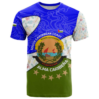 Nicaragua South Caribbean Coast T-Shirt with Regional Seal and Ocean Shell Pattern Alma Caribeña Design Graphic Tee