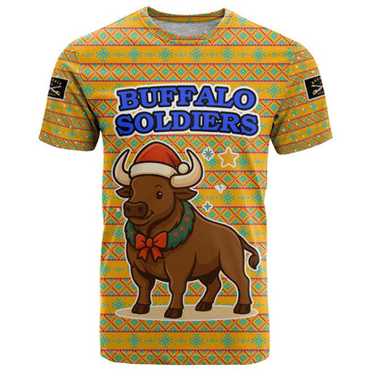 Buffalo Soldiers Christmas T-Shirt with Yellow Cartoon Buffalo Santa Hat Design Graphic Tee