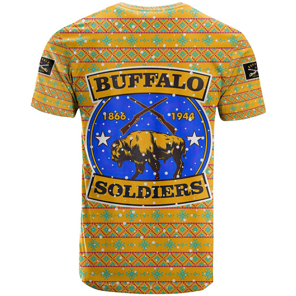 Buffalo Soldiers Christmas T-Shirt with Yellow Cartoon Buffalo Santa Hat Design Graphic Tee