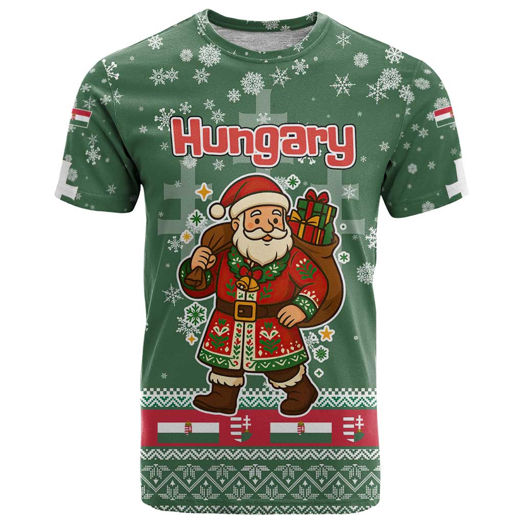 Hungary Christmas T-Shirt with Green Snowflake Pattern Santa Claus Motif Graphic Tee