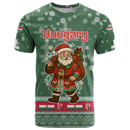 Hungary Christmas T-Shirt with Green Snowflake Pattern Santa Claus Motif Graphic Tee