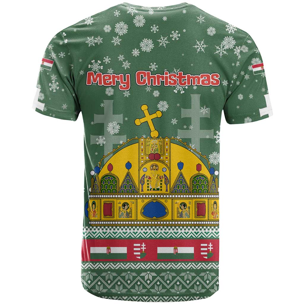 Hungary Christmas T-Shirt with Green Snowflake Pattern Santa Claus Motif Graphic Tee