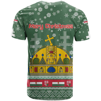 Hungary Christmas T-Shirt with Green Snowflake Pattern Santa Claus Motif Graphic Tee