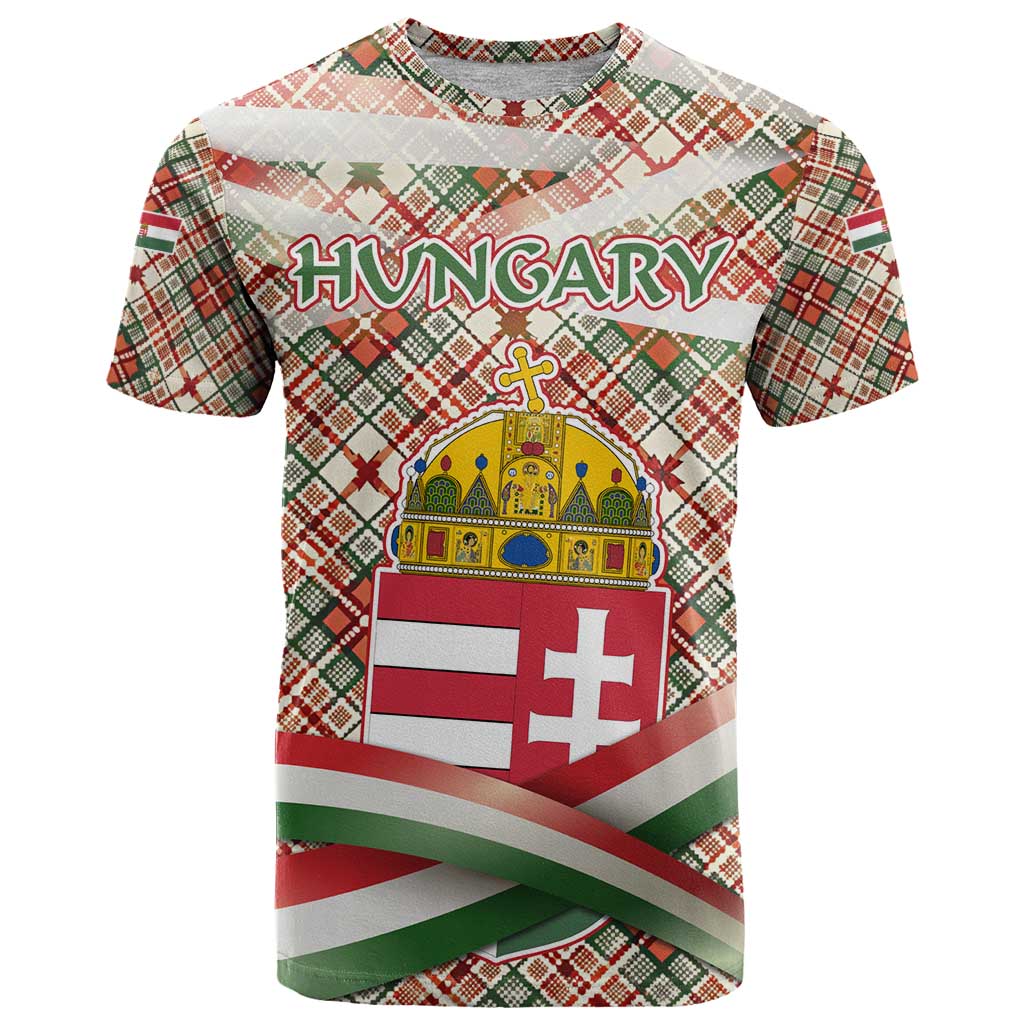 Hungary Christmas T-Shirt with Red Green Plaid Pattern Crown and Double Cross Motif Graphic Tee