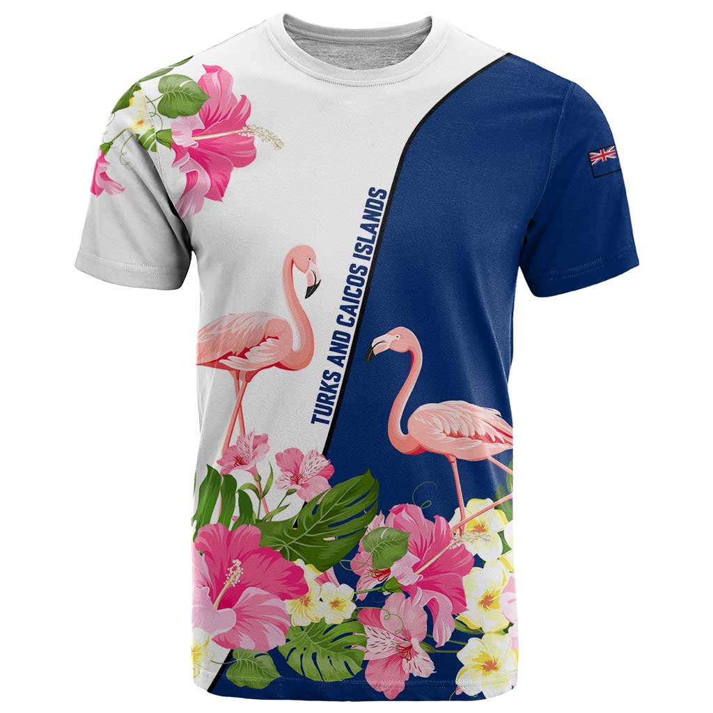 Turks and Caicos Islands T-Shirt with Flamingos Floral Pattern and National Crest Design Graphic Tee