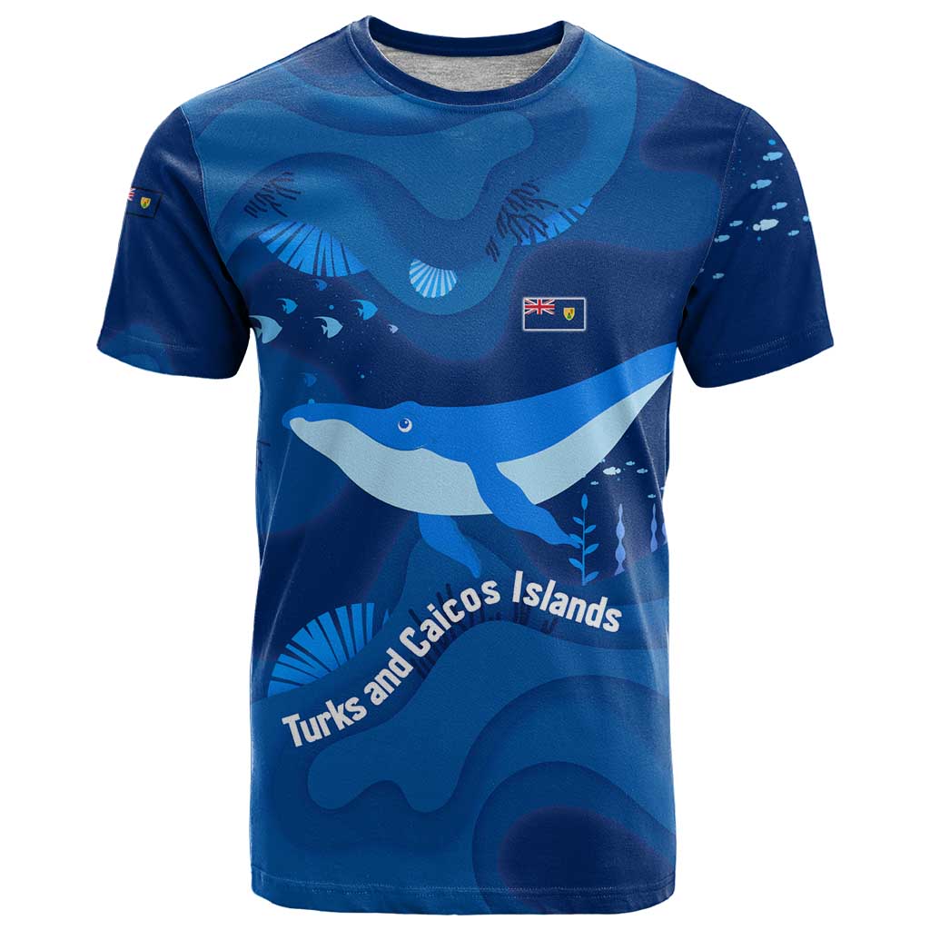 Turks and Caicos Islands T-Shirt with Blue Ocean Whale and Coral Reef Design Graphic Tee