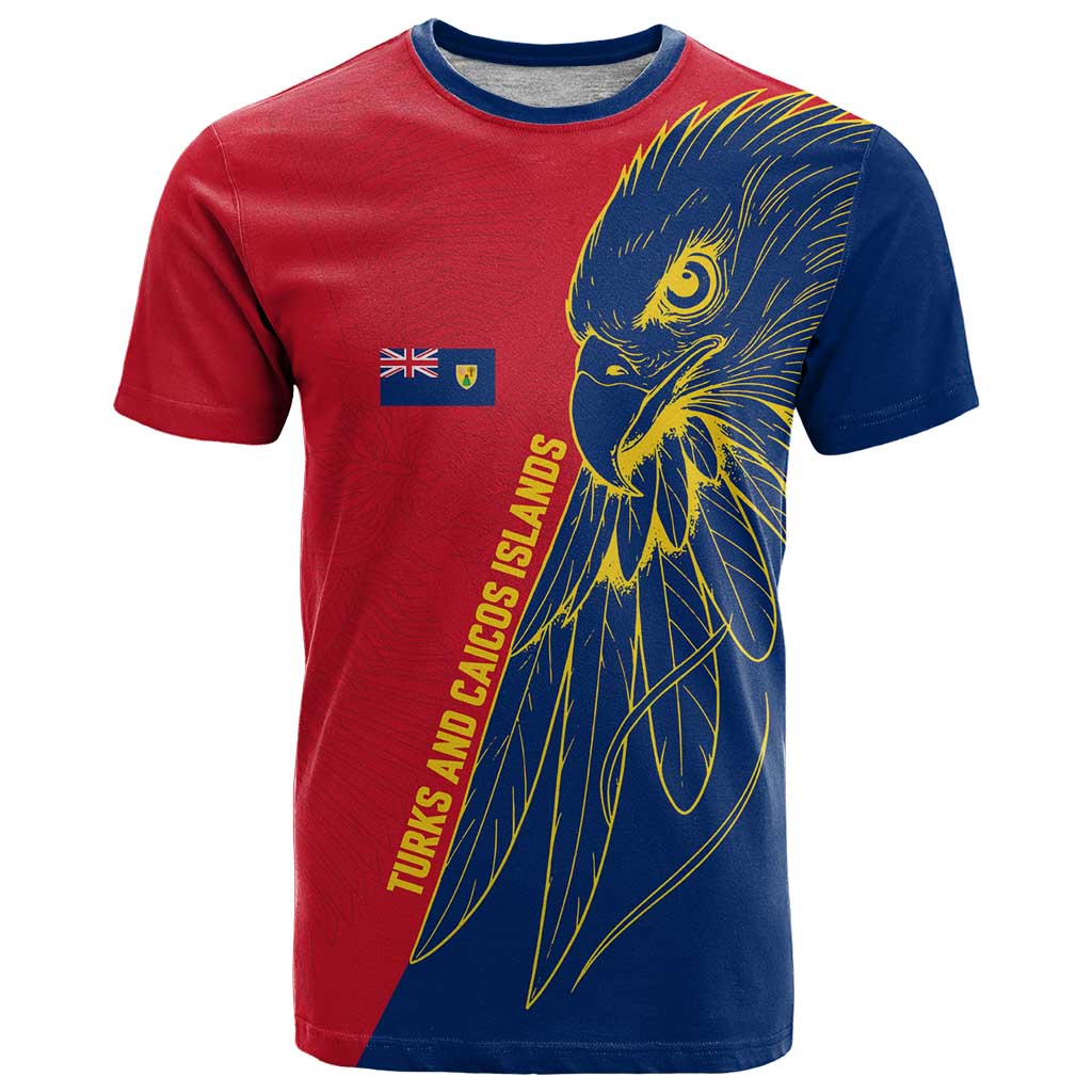 Turks and Caicos Islands T-Shirt with Yellow Hawk Outline and Red Blue Crest Design Graphic Tee