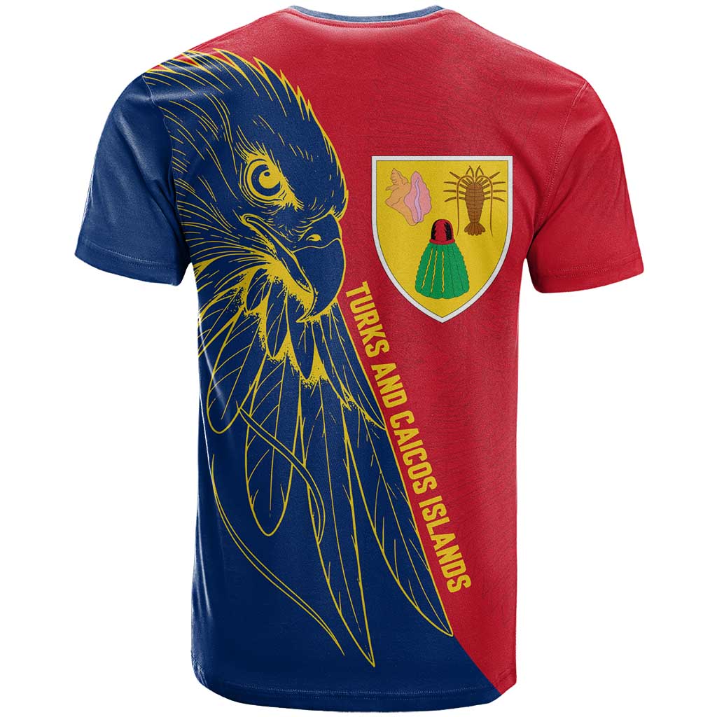 Turks and Caicos Islands T-Shirt with Yellow Hawk Outline and Red Blue Crest Design Graphic Tee