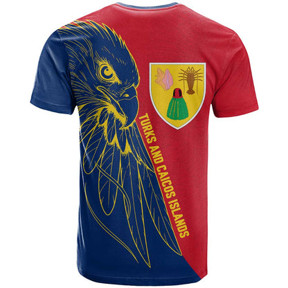 Turks and Caicos Islands T-Shirt with Yellow Hawk Outline and Red Blue Crest Design Graphic Tee
