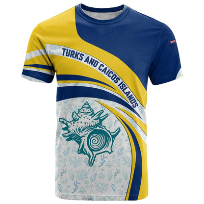 Turks and Caicos Islands T-Shirt with Sea Shell Graphic and Yellow Blue Wave Design Graphic Tee