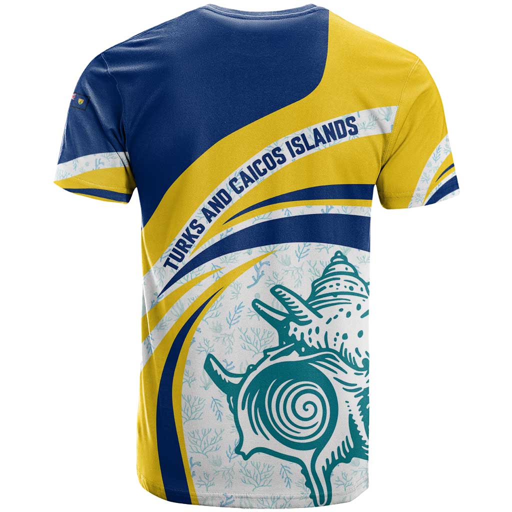 Turks and Caicos Islands T-Shirt with Sea Shell Graphic and Yellow Blue Wave Design Graphic Tee