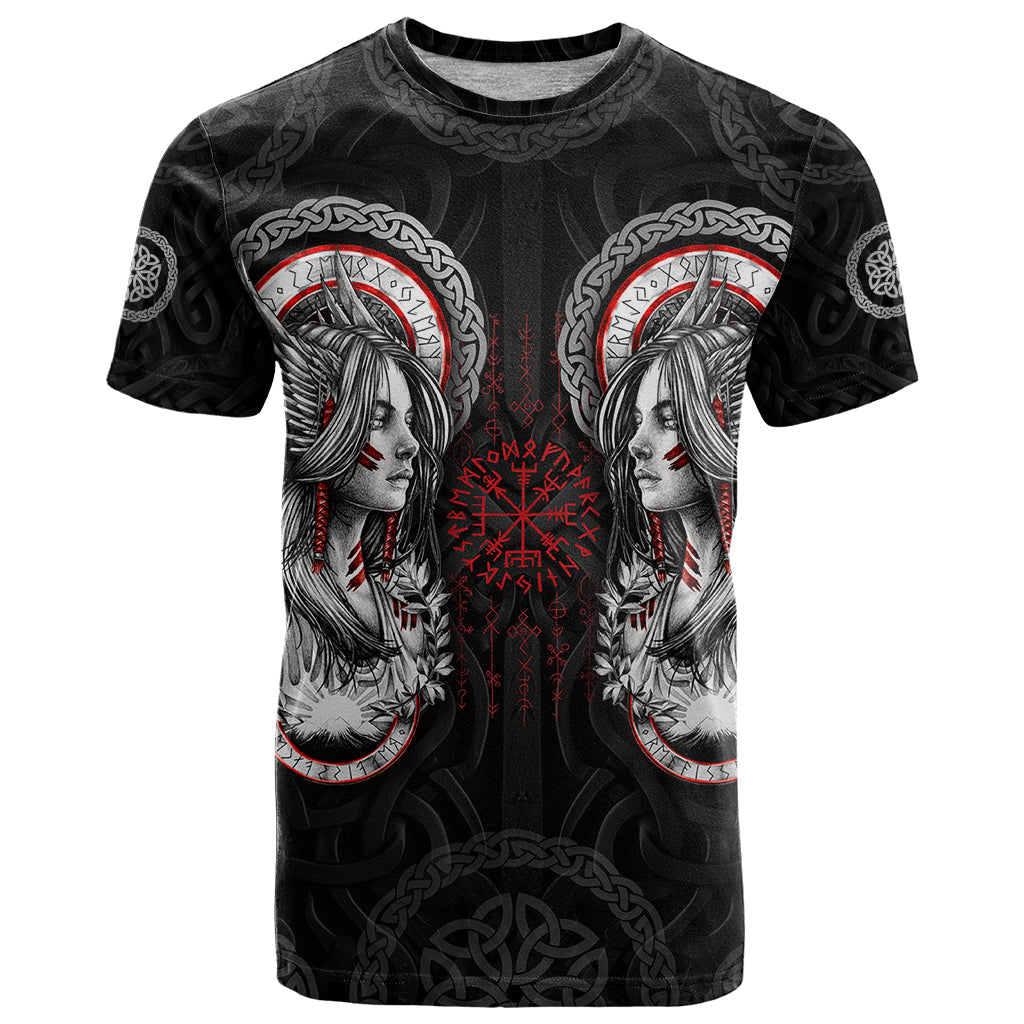 Viking Shieldmaiden T-Shirt with Viking Compass Vegvisir Graphic Tee