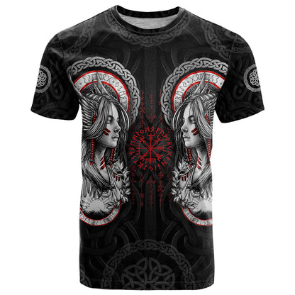 Viking Shieldmaiden T-Shirt with Viking Compass Vegvisir Graphic Tee