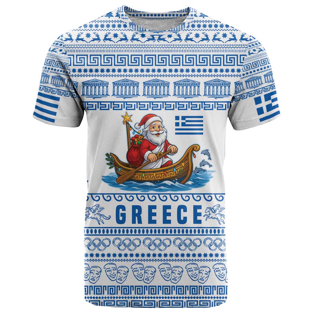 Greece Christmas T-Shirt with Santa Rowing Boat Greek Flag Laurel Wreath Parthenon and Blue White Pattern Design Graphic Tee