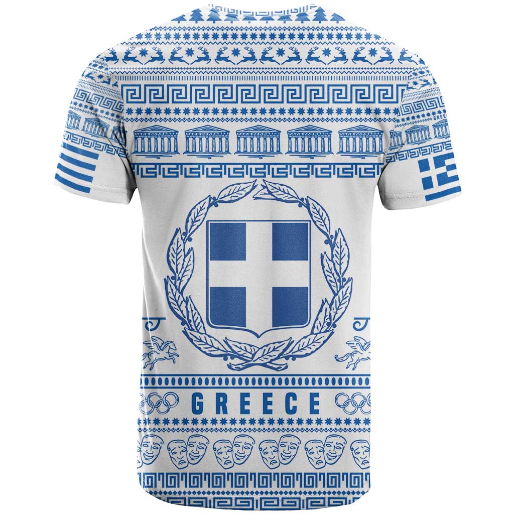 Greece Christmas T-Shirt with Santa Rowing Boat Greek Flag Laurel Wreath Parthenon and Blue White Pattern Design Graphic Tee