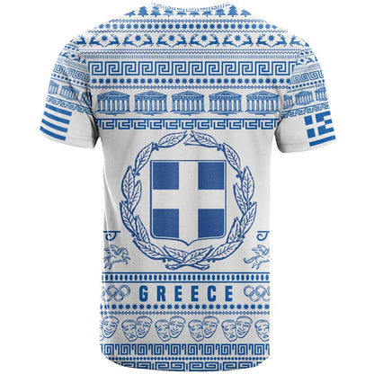 Greece Christmas T-Shirt with Santa Rowing Boat Greek Flag Laurel Wreath Parthenon and Blue White Pattern Design Graphic Tee