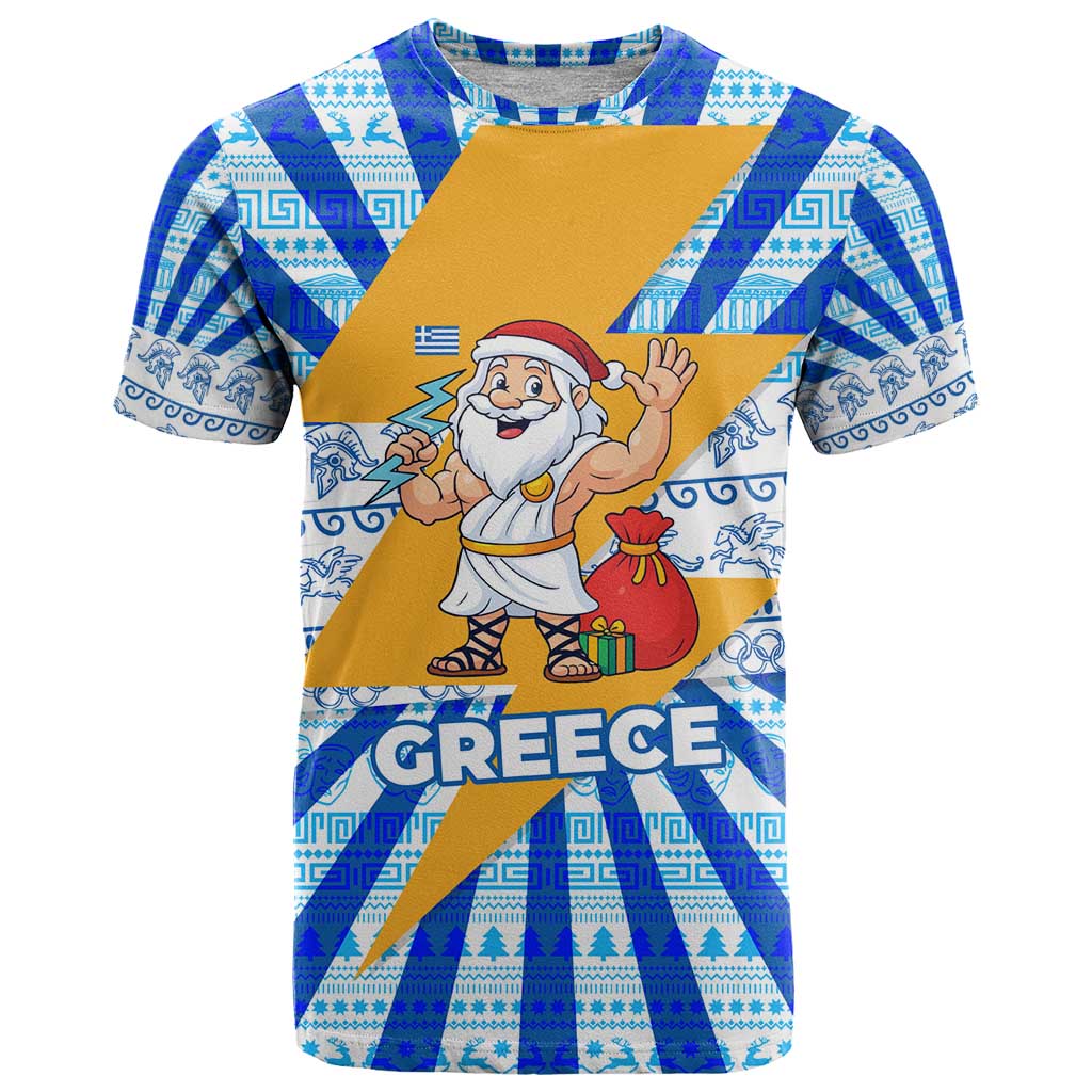 Greece Christmas T-Shirt with Zeus Santa Greek Flag Lightning Bolt Gift Bag and Blue Yellow Pattern Design Graphic Tee