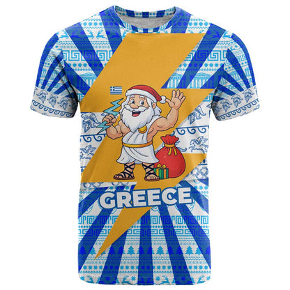 Greece Christmas T-Shirt with Zeus Santa Greek Flag Lightning Bolt Gift Bag and Blue Yellow Pattern Design Graphic Tee