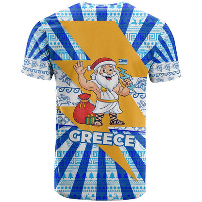 Greece Christmas T-Shirt with Zeus Santa Greek Flag Lightning Bolt Gift Bag and Blue Yellow Pattern Design Graphic Tee