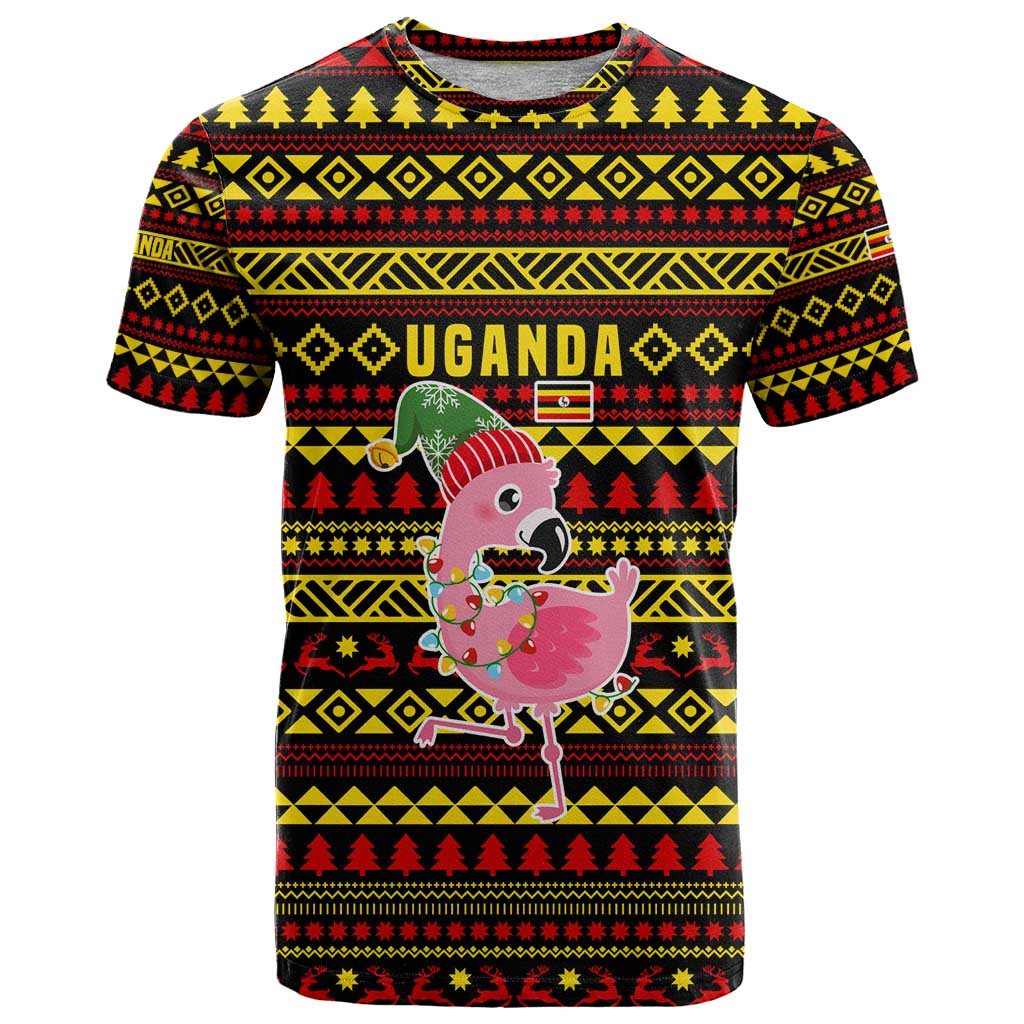 Uganda Christmas T-Shirt with Flamingo Lights Uganda Flag and Black Red Yellow Tribal Pattern Design Graphic Tee