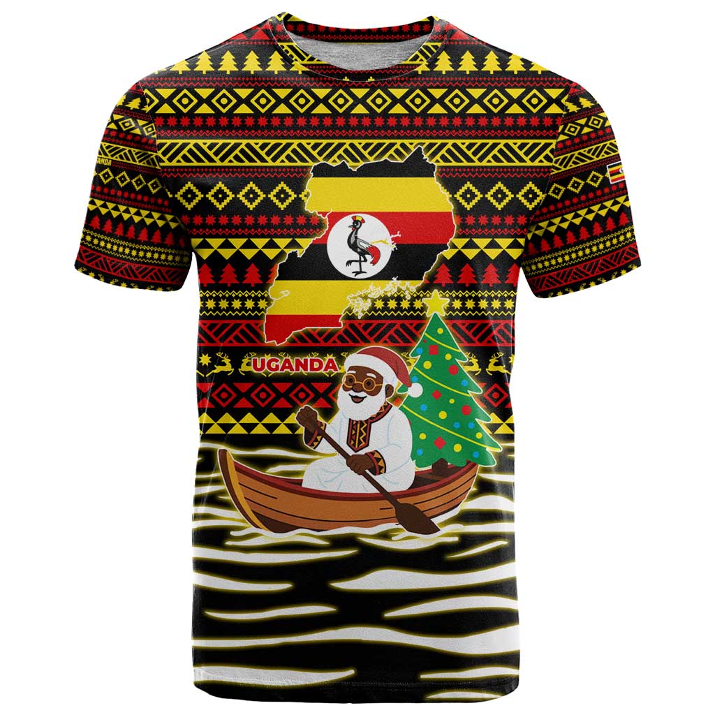 Uganda Christmas T-Shirt with Santa in Canoe Christmas Tree Uganda Map Flag and Black Red Yellow Tribal Pattern Design Graphic Tee
