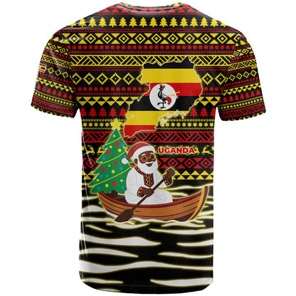 Uganda Christmas T-Shirt with Santa in Canoe Christmas Tree Uganda Map Flag and Black Red Yellow Tribal Pattern Design Graphic Tee