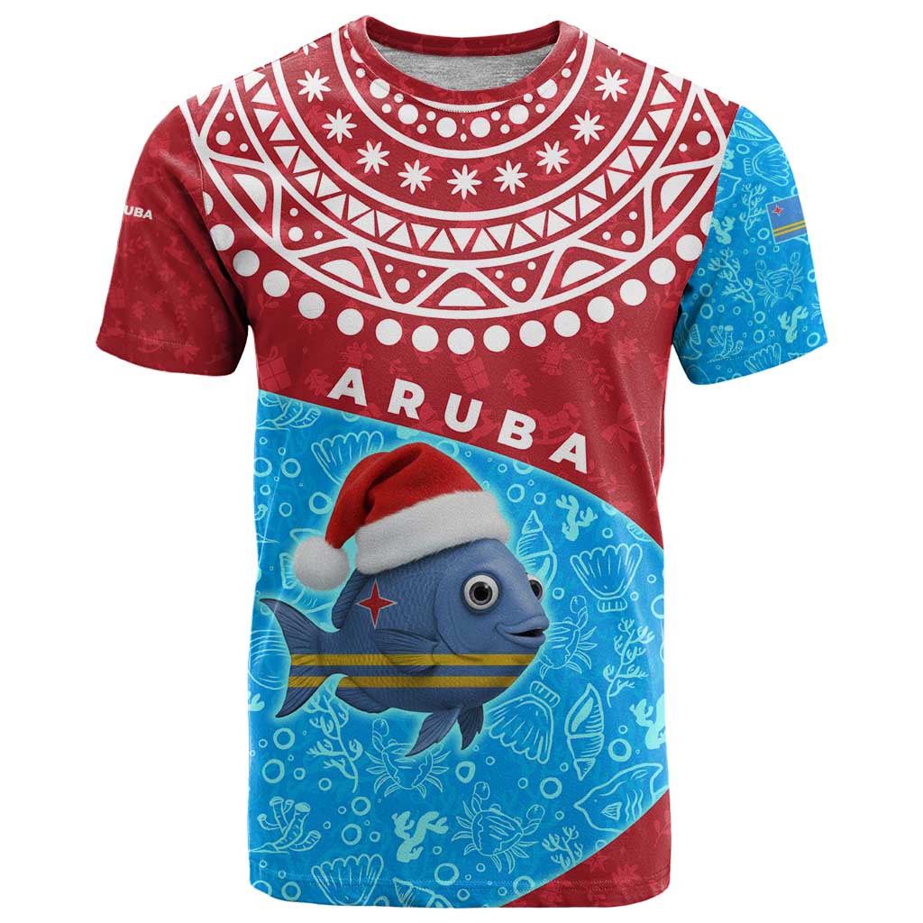 Aruba Christmas T-Shirt with Santa Fish Aruba Flag Ocean Icons and Red Blue Holiday Pattern Design Graphic Tee