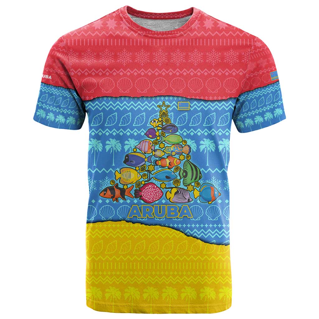 Aruba Christmas T-Shirt with Fish Christmas Tree Aruba Flag and Red Blue Yellow Tropical Pattern Design Graphic Tee
