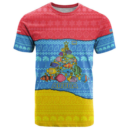 Aruba Christmas T-Shirt with Fish Christmas Tree Aruba Flag and Red Blue Yellow Tropical Pattern Design Graphic Tee