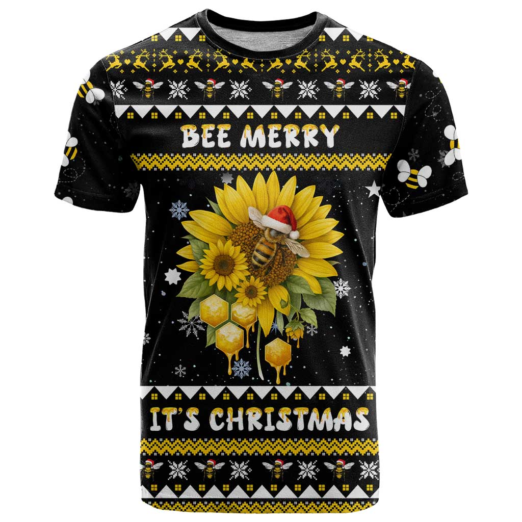 Bee Merry Its Time Christmas T-Shirt Xmas Holiday Patterns Graphic Tee