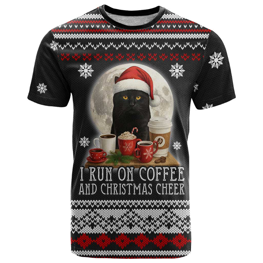 Black Cat Run On Coffee T-Shirt Xmas Holiday Patterns Graphic Tee