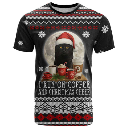Black Cat Run On Coffee T-Shirt Xmas Holiday Patterns Graphic Tee