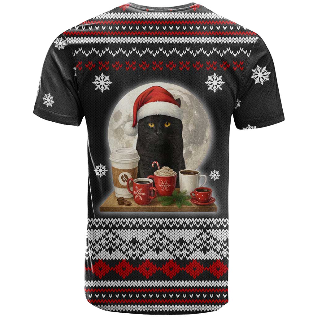 Black Cat Run On Coffee T-Shirt Xmas Holiday Patterns Graphic Tee