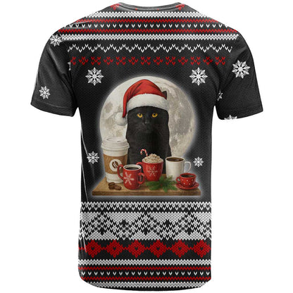 Black Cat Run On Coffee T-Shirt Xmas Holiday Patterns Graphic Tee