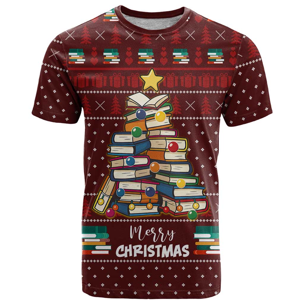 Book Pine Merry Christmas T-Shirt Xmas Holiday Patterns Graphic Tee