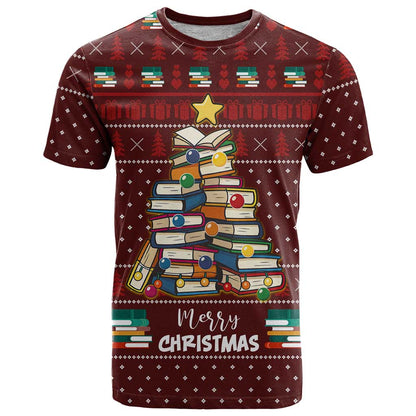 Book Pine Merry Christmas T-Shirt Xmas Holiday Patterns Graphic Tee