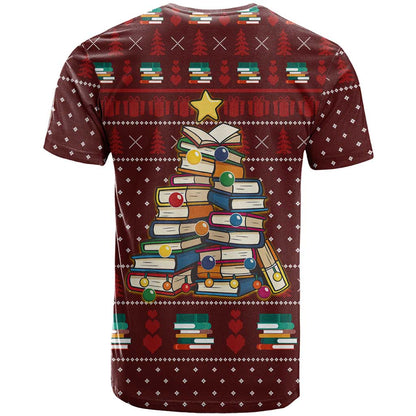Book Pine Merry Christmas T-Shirt Xmas Holiday Patterns Graphic Tee