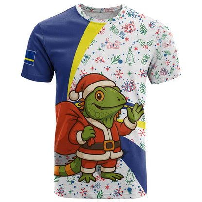 Curacao Christmas T-Shirt with Santa Lizard Crown Gifts Snowflakes and Holiday Icons Design Graphic Tee